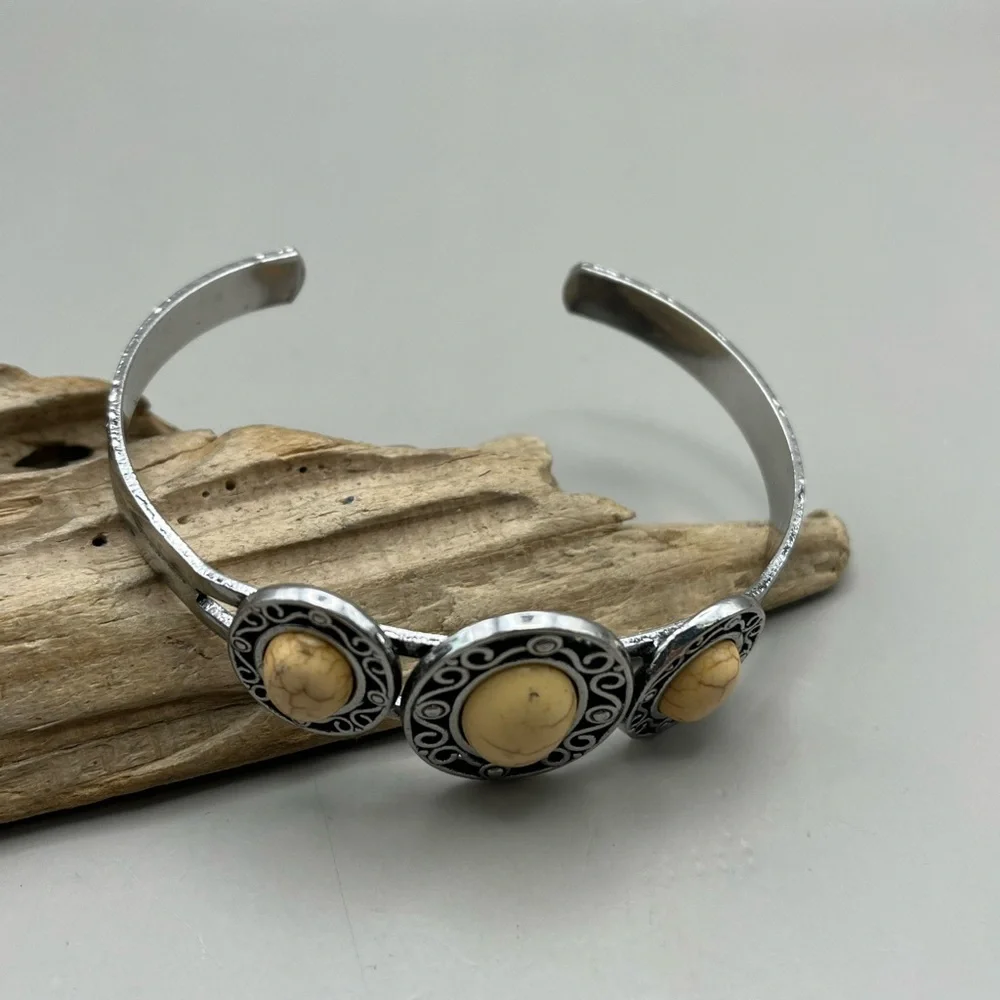 Silver and Cream Stone Cuff Bracelet